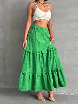 Yeşil Uzun Fırfırlı Brodeli Astarlı Etek