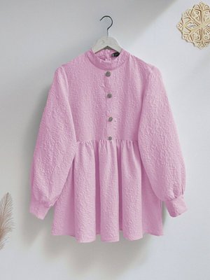 Pembe Önü Taşlı Düğme Detaylı Parçalı Arkası Fermuarlı Tunik