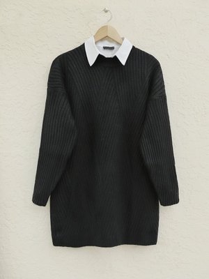 Siyah Yürütme Örgü Baklava Desenli Triko Tunik