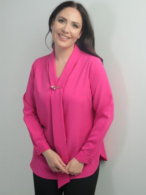 Fuşya V Yaka Fularlı Krep Saten Büyük Beden Bluz