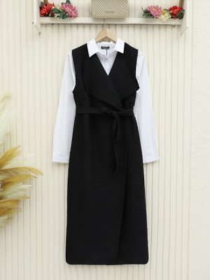 Siyah Kemerli Uzun Buklet Yelek