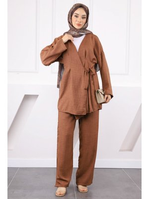 Kahverengi Çapraz Bağlamalı Keten Kimono Pantolon Takım