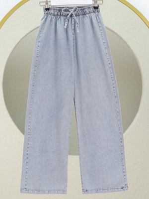 Açık Gri Bol Paça Beli Lastikli Bağcık Detaylı Kot Pantolon