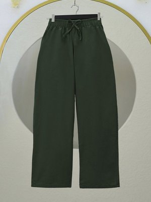 Haki Bağcık Detaylı Bol Paça Beli Lastikli Keten Pantolon Haki Bağcık Detaylı Bol Paça Beli Lastikli Keten Pantolon