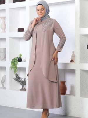 Vizon Taş İşlemeli Mevsim Krep Kumaş Abiye Elbise