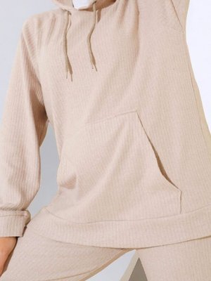 Bej Kapüşonlu Kanguru Cepli Fitilli İkili Takım