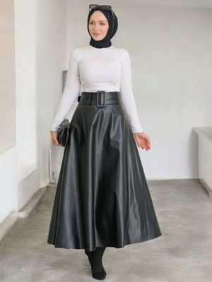 Siyah Uzun Kalın Kemerli Deri Kloş Etek