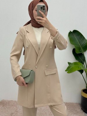 Bej Hjb Kruvaze Yaka Cep Detaylı Ceket Pantolonlu İkili Takım