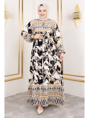 Bej Sera Desenli Viskon Elbise