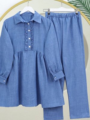 İndigo Önü Fırfırlı Yarım Düğmeli Keten İkili Takım