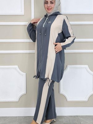 Antrasit Dikme Detaylı Kapüşonlu İkili Takım