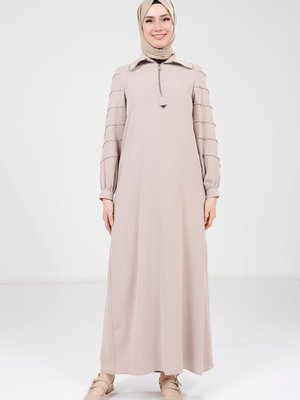 Fermuarlı Bej Elbise 9379