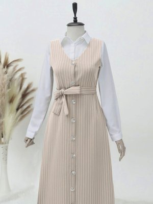 Bej Boydan Düğmeli Kuşaklı Çizgili Jile