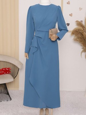 Mavi Önü Allerli Eteği Asimetrik Krep Elbise