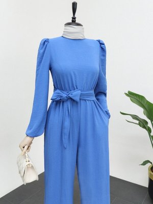 İndigo Dik Yaka Beli Lastikli Kuşaklı Tulum