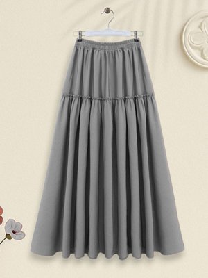 Gri Uzun Parçalı Beli Lastikli Kraş Desen Paraşüt Etek