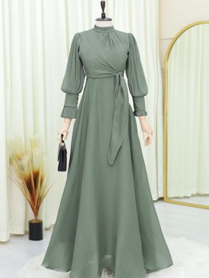 Mint Dik Yaka Yandan Bağlamalı Janjanlı Abiye Elbise