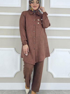 Kahverengi Taş Detaylı Cepli İkili Takım