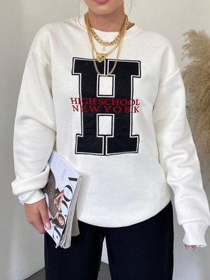 Beyaz Önü Nakışlı Bisiklet Yaka Sweat Tunik