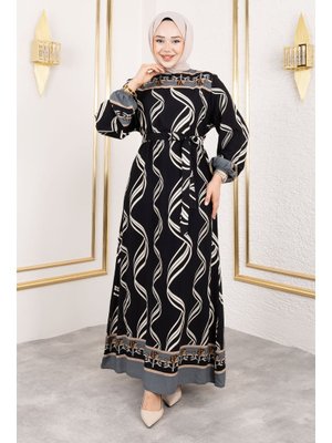 Siyah Gül Desenli Viskon Elbise