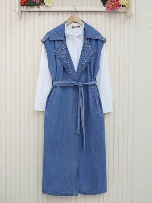 Mavi Önü Taş Detaylı Kemerli Kot Yelek