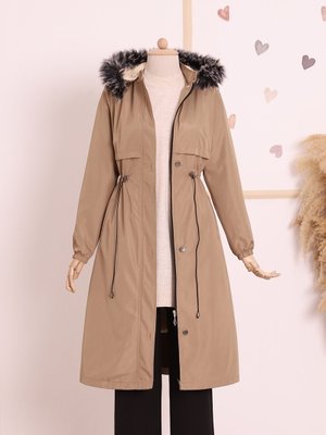 Açık Vizon Çıkma Kapüşonlu Tünel Bağcıklı Bondit Kaban