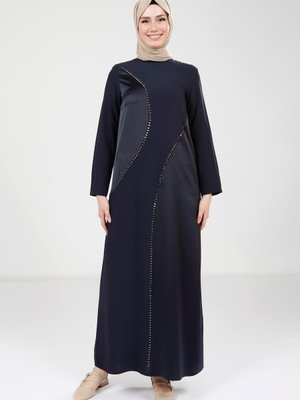 Lacivert Taş Detaylı Elbise