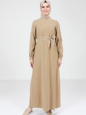 Olive Biye Detaylı Kemerli Elbise