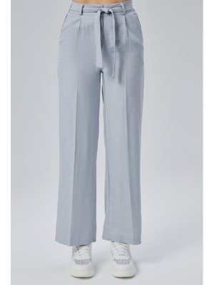 Mavi Keten Yazlık Beli Lastikli Ve Kuşaklı Pantolon