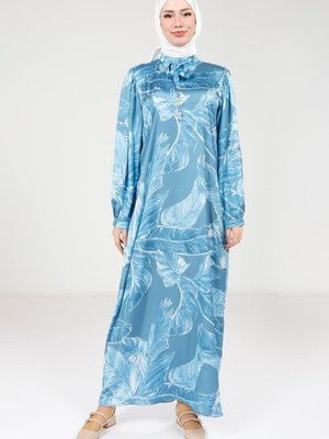 Mavi Boynu Kuşak Detaylı Baskılı Elbise