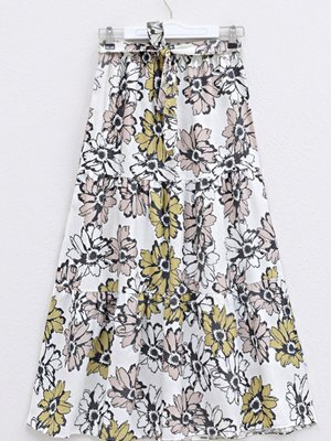 Pudra Uzun Desenli Kemerli Beli Lastikli Keten Etek