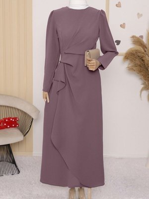 Gül Kurusu Önü Allerli Eteği Asimetrik Krep Elbise