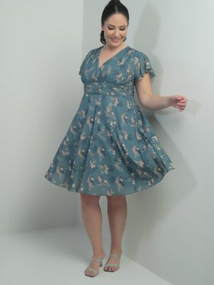 Kot Mavi Kruvaze Yaka Kolu Volanlı Astarlı Büyük Beden Empirme Keten Elbise