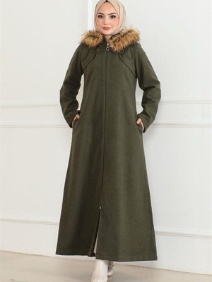 Haki Kapüşonu Kürklü Kaşe Kaban