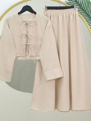 Bej Önü Bağcıklı Beli Lastikli Etekli Keten İkili Takım