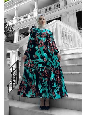 Turkuaz Beymen Desenli Viskon Elbise