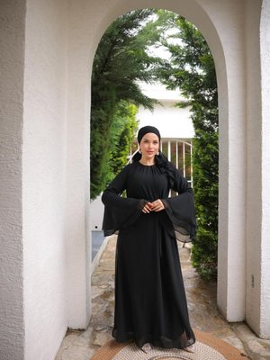 Siyah Ankanoor Astarlı Şifon Abiye Elbise