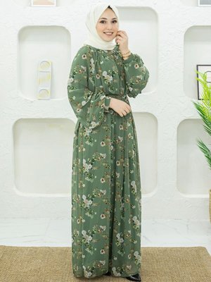 Yeşil Çiçek Desenli Elbise