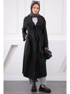 Siyah Kruvaze Yaka Bel Kuşaklı Modal Trençkot Siyah Kruvaze Yaka Bel Kuşaklı Modal Trençkot