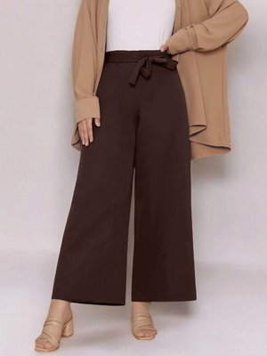 Koyu Kahve Beli Lastikli Bağlamalı Bol Paça Pantolon Koyu Kahve Beli Lastikli Bağlamalı Bol Paça Pantolon