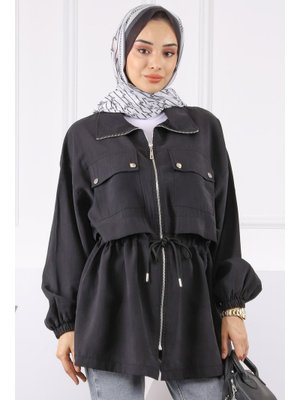 Siyah Bel Bağlamalı Çift Cepli Ceket