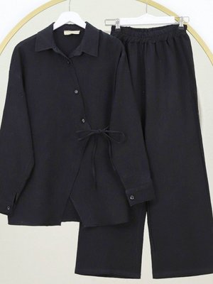 Siyah Çapraz Düğmeli Çift Bağcıklı Müslin İkili Takım