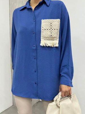 İndigo Örgü Cepli Düğmeli Ayrobin Gömlek