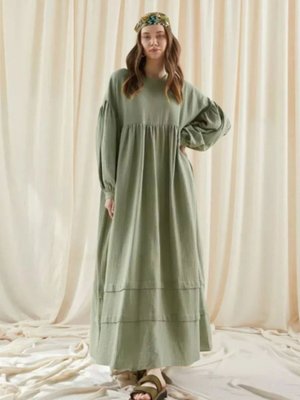 Haki Balon Kollu Eteği Çift Katlamalı Muslin Salaş Elbise