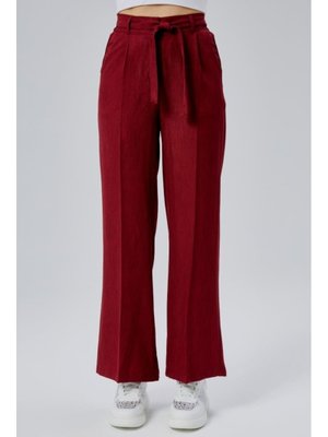 Bordo Keten Yazlık Beli Lastikli Ve Kuşaklı Pantolon