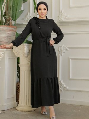 Siyah Fırfır Taş Detaylı Parça Eteklii Kemerli Ayrobin Elbise