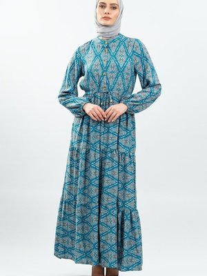 Yeşil Bağcıklı Desenli Viskon Elbise