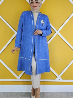 Koyu Mavi Broş Detaylı Kimono Bluzlu İkili Takım Koyu Mavi Broş Detaylı Kimono Bluzlu İkili Takım