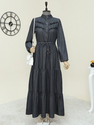 Antrasit Yarım Düğmeli Önü Fırfırlı Parçalı Kot Elbise Antrasit Yarım Düğmeli Önü Fırfırlı Parçalı Kot Elbise