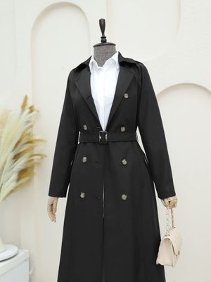 Siyah Çift Düğmeli Kemerli Trençkot